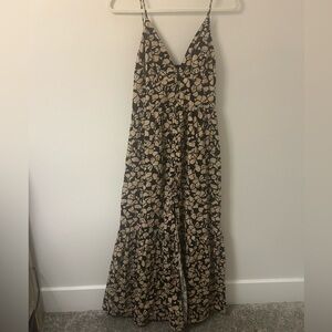 Abercrombie & Fitch Tan & Black Linen and Cotton Blend Floral Smocked Maxi Dress